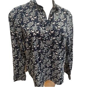 J CREW popover top small Navy Blue WOODLAND DEER Long Sleeve Collared EC